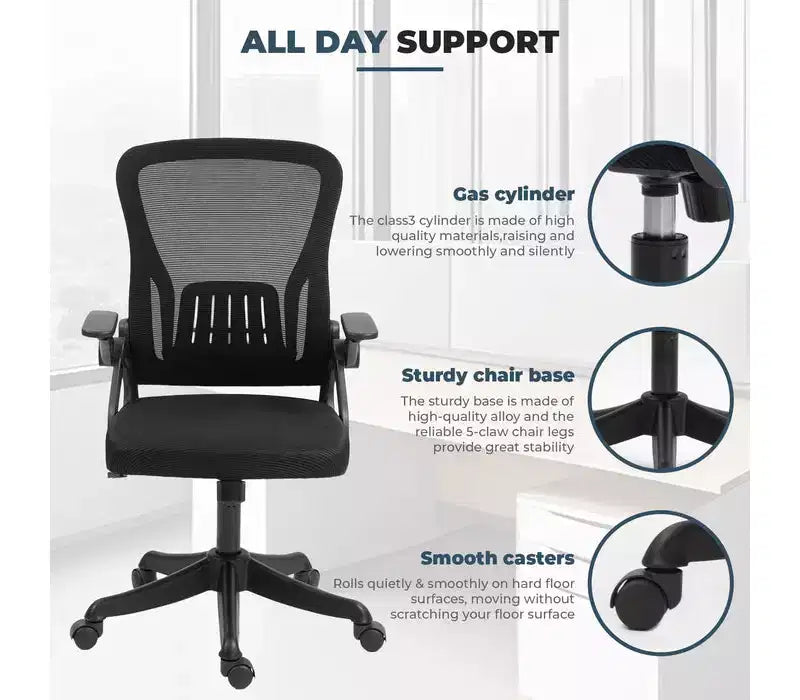 Chaise de bureau ergonomique avec accoudoirs relevables et support lombaire – Chaise pivotante réglable avec siège rembourré et dossier en maille (Noir)