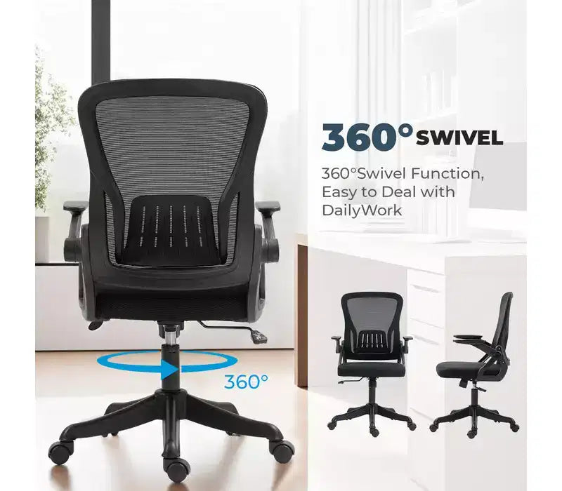 Chaise de bureau ergonomique avec accoudoirs relevables et support lombaire – Chaise pivotante réglable avec siège rembourré et dossier en maille (Noir)