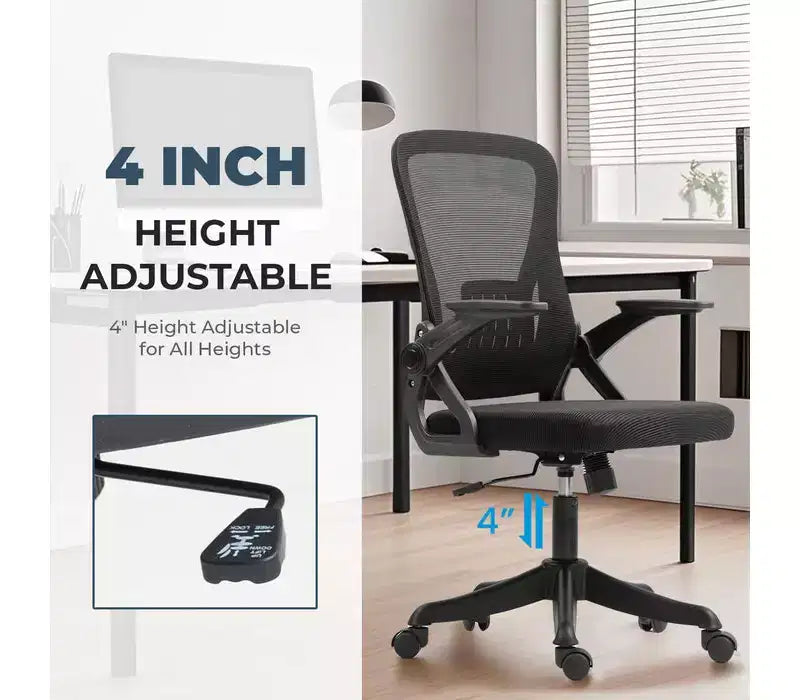 Chaise de bureau ergonomique avec accoudoirs relevables et support lombaire – Chaise pivotante réglable avec siège rembourré et dossier en maille (Noir)