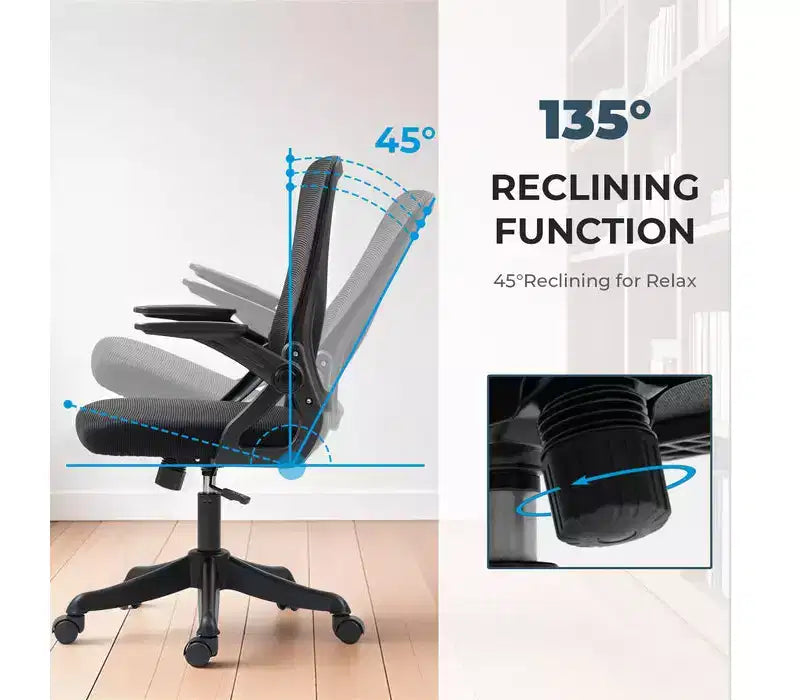 Chaise de bureau ergonomique avec accoudoirs relevables et support lombaire – Chaise pivotante réglable avec siège rembourré et dossier en maille (Noir)