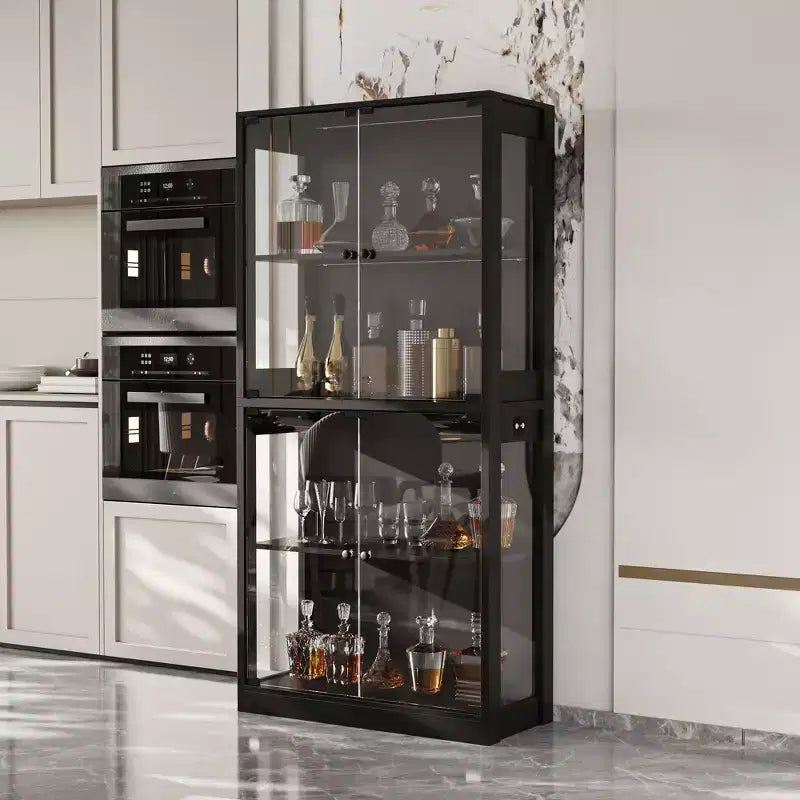 Famapy 31.5x65 Tempered Glass Curio Cabinet with Motion Sensor Lights 4-Door Tall Black Display Case Bookcase Bookshelf Sideboard Pantry
