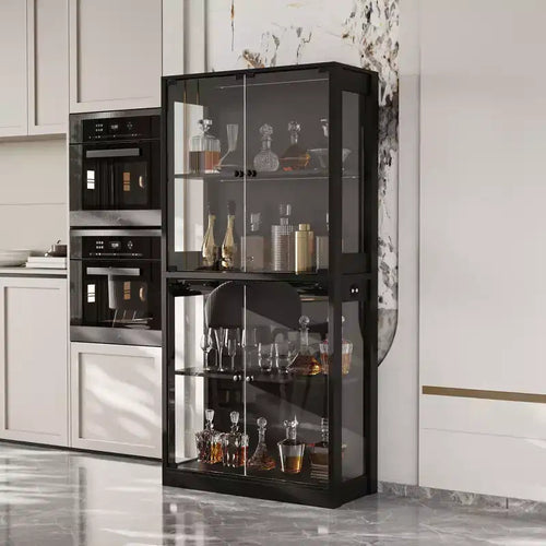 Famapy 31.5x65 Tempered Glass Curio Cabinet with Motion Sensor Lights 4-Door Tall Black Display Case Bookcase Bookshelf Sideboard Pantry