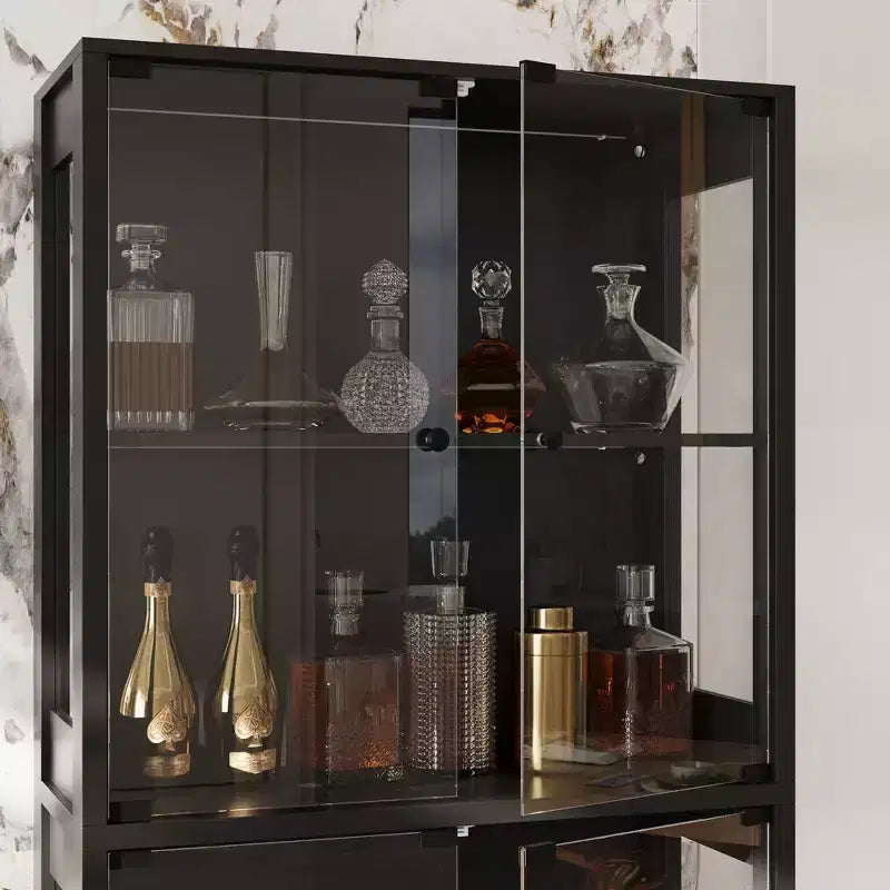 Vitrine en verre trempé de 31,5 x 65 cm avec lumières à détecteur de mouvement, vitrine noire haute à 4 portes, bibliothèque, buffet, garde-manger