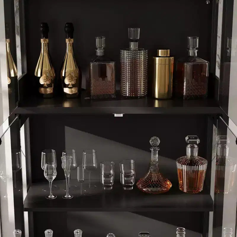 Vitrine en verre trempé de 31,5 x 65 cm avec lumières à détecteur de mouvement, vitrine noire haute à 4 portes, bibliothèque, buffet, garde-manger