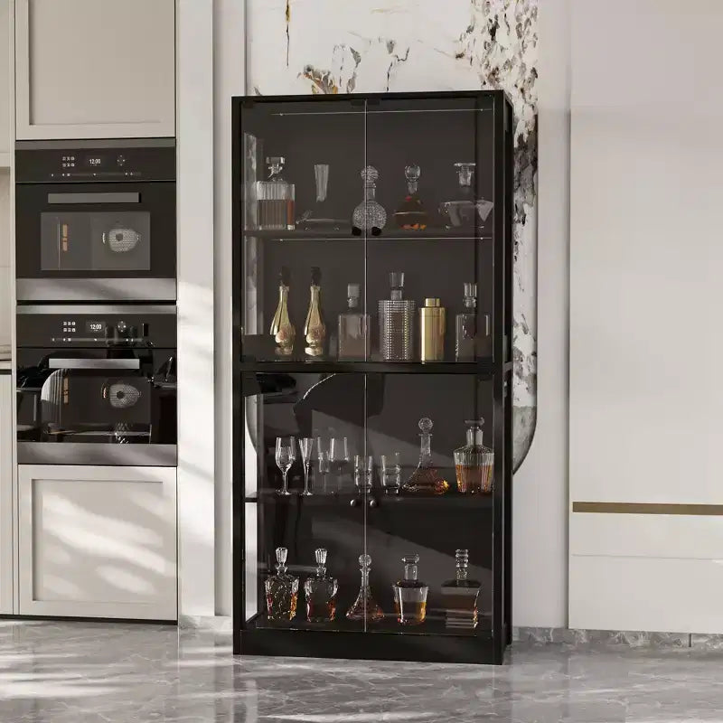 Vitrine en verre trempé de 31,5 x 65 cm avec lumières à détecteur de mouvement, vitrine noire haute à 4 portes, bibliothèque, buffet, garde-manger