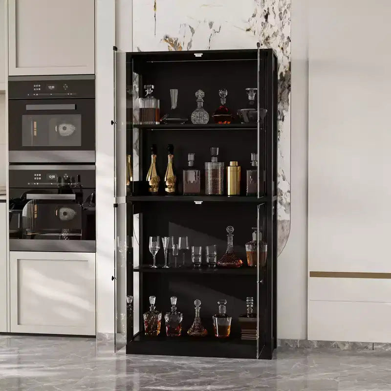 Vitrine en verre trempé de 31,5 x 65 cm avec lumières à détecteur de mouvement, vitrine noire haute à 4 portes, bibliothèque, buffet, garde-manger