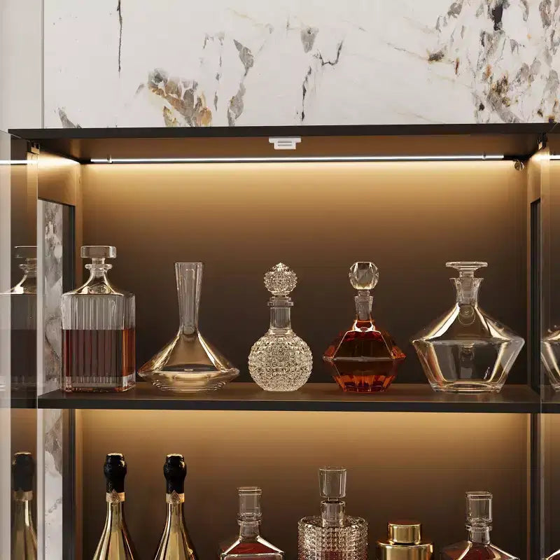 Vitrine en verre trempé de 31,5 x 65 cm avec lumières à détecteur de mouvement, vitrine noire haute à 4 portes, bibliothèque, buffet, garde-manger
