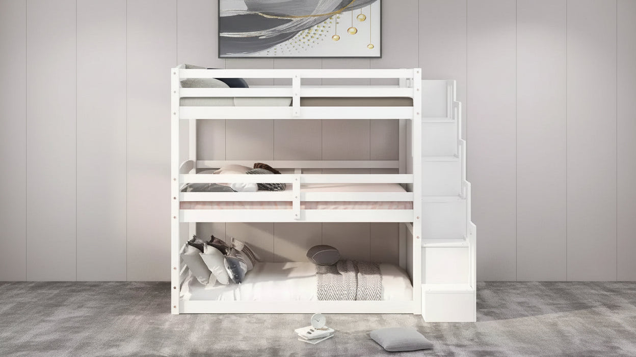 Twin Size Triple Bunk Bed with Storage Staircase, Convertible 3-in-1 Wooden Bunk Bed Frame with Safety Rails, White - ModernLuxe