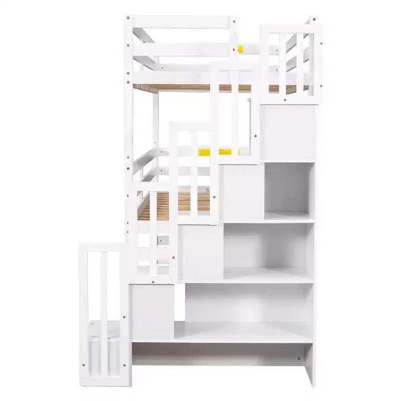 Lit superposé triple pour lits jumeaux avec escalier de rangement, cadre de lit superposé en bois convertible 3-en-1 avec barrières de sécurité, blanc