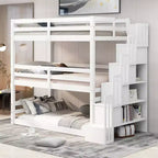 Lit superposé triple pour lits jumeaux avec escalier de rangement, cadre de lit superposé en bois convertible 3-en-1 avec barrières de sécurité, blanc