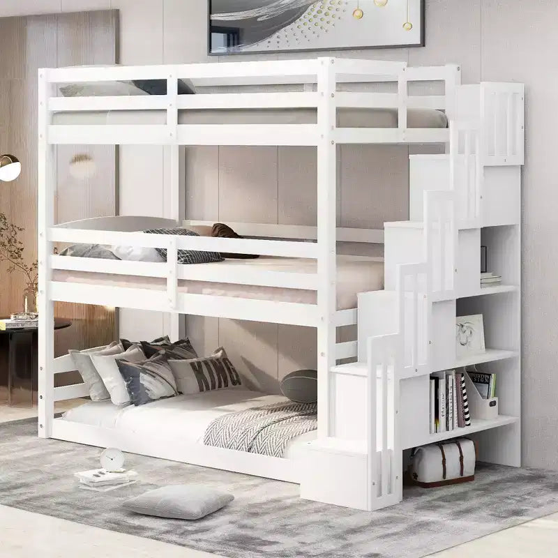 Lit superposé triple pour lits jumeaux avec escalier de rangement, cadre de lit superposé en bois convertible 3-en-1 avec barrières de sécurité, blanc