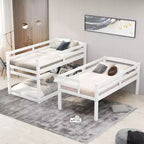 Lit superposé triple pour lits jumeaux avec escalier de rangement, cadre de lit superposé en bois convertible 3-en-1 avec barrières de sécurité, blanc