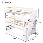 Lit superposé triple pour lits jumeaux avec escalier de rangement, cadre de lit superposé en bois convertible 3-en-1 avec barrières de sécurité, blanc