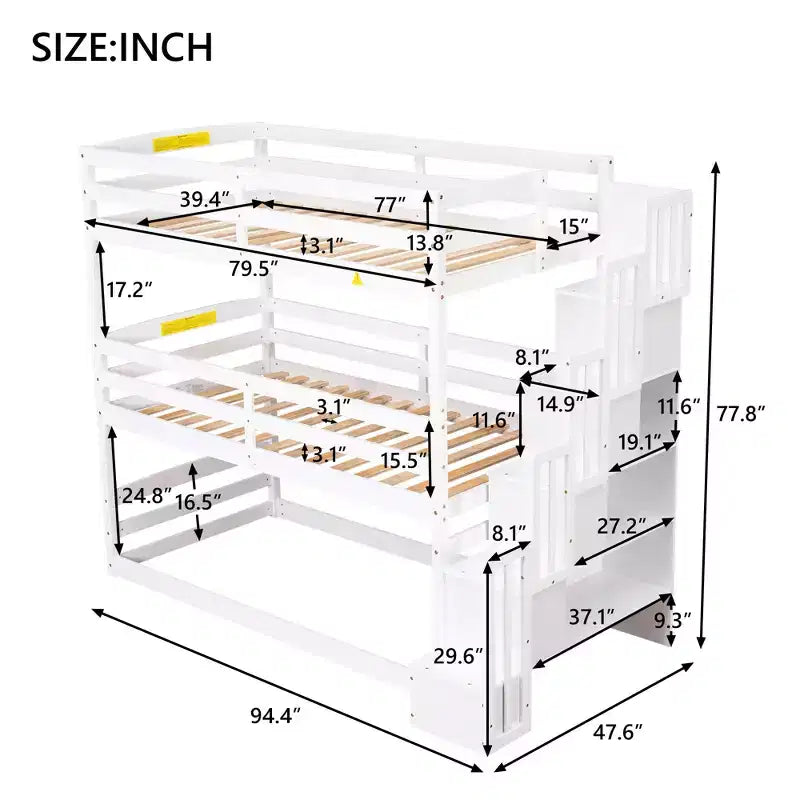 Lit superposé triple pour lits jumeaux avec escalier de rangement, cadre de lit superposé en bois convertible 3-en-1 avec barrières de sécurité, blanc