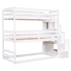 Lit superposé triple pour lits jumeaux avec escalier de rangement, cadre de lit superposé en bois convertible 3-en-1 avec barrières de sécurité, blanc