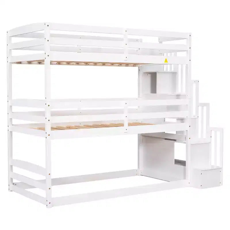 Lit superposé triple pour lits jumeaux avec escalier de rangement, cadre de lit superposé en bois convertible 3-en-1 avec barrières de sécurité, blanc
