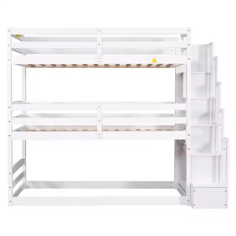 Lit superposé triple pour lits jumeaux avec escalier de rangement, cadre de lit superposé en bois convertible 3-en-1 avec barrières de sécurité, blanc