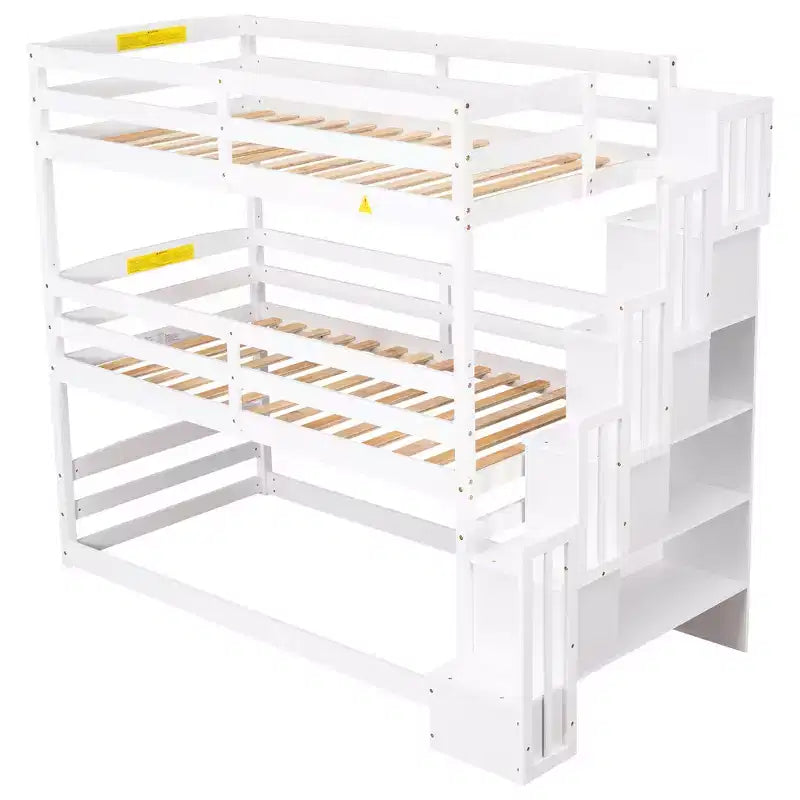 Lit superposé triple pour lits jumeaux avec escalier de rangement, cadre de lit superposé en bois convertible 3-en-1 avec barrières de sécurité, blanc