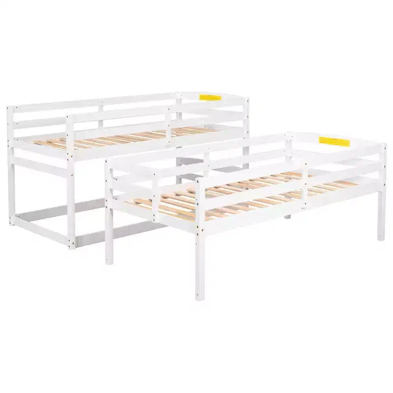 Lit superposé triple pour lits jumeaux avec escalier de rangement, cadre de lit superposé en bois convertible 3-en-1 avec barrières de sécurité, blanc