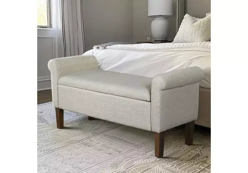 Banc de rangement en bois avec couvercle relevable et deux accoudoirs latéraux, banc à chaussures rembourré pour salon, chambre à coucher