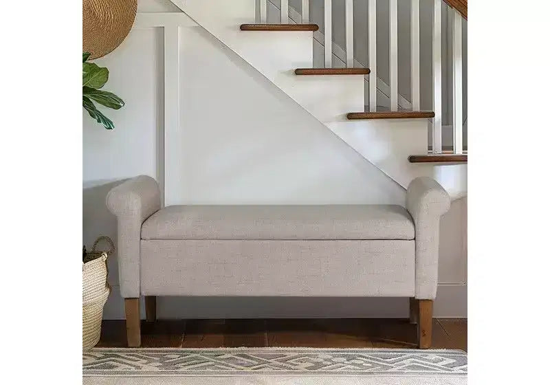 Banc de rangement en bois avec couvercle relevable et deux accoudoirs latéraux, banc à chaussures rembourré pour salon, chambre à coucher