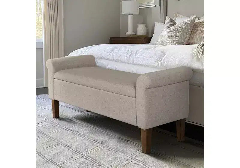 Banc de rangement en bois avec couvercle relevable et deux accoudoirs latéraux, banc à chaussures rembourré pour salon, chambre à coucher