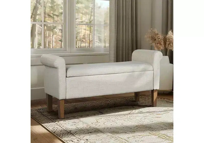 Banc de rangement en bois avec couvercle relevable et deux accoudoirs latéraux, banc à chaussures rembourré pour salon, chambre à coucher