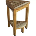 Banc d'angle de douche ou d'extérieur compact en teck avec étagère, finition naturelle