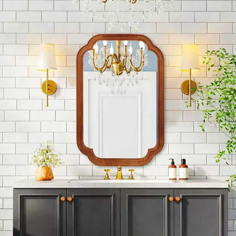 MAYEERTY 24 x 36 Solid Wood Frame Rounded Corner Decorative Mirror for Bedroom Bathroom Living Room Yellowish Brown