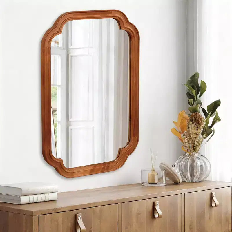 Miroir décoratif 24 x 36 en bois massif avec coins arrondis pour chambre à coucher, salle de bain, salon, marron jaunâtre
