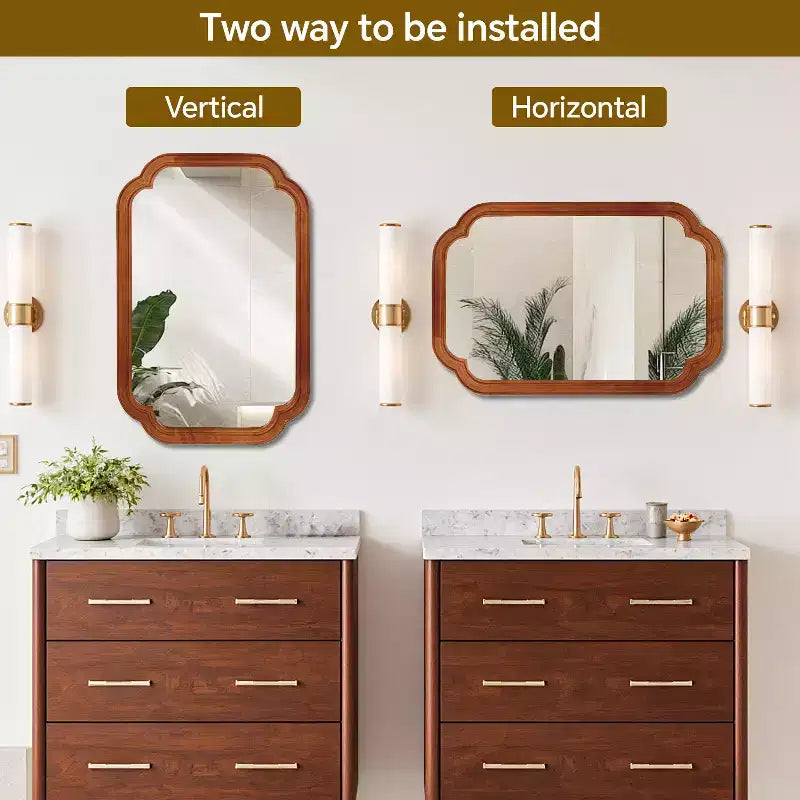 Miroir décoratif 24 x 36 en bois massif avec coins arrondis pour chambre à coucher, salle de bain, salon, marron jaunâtre