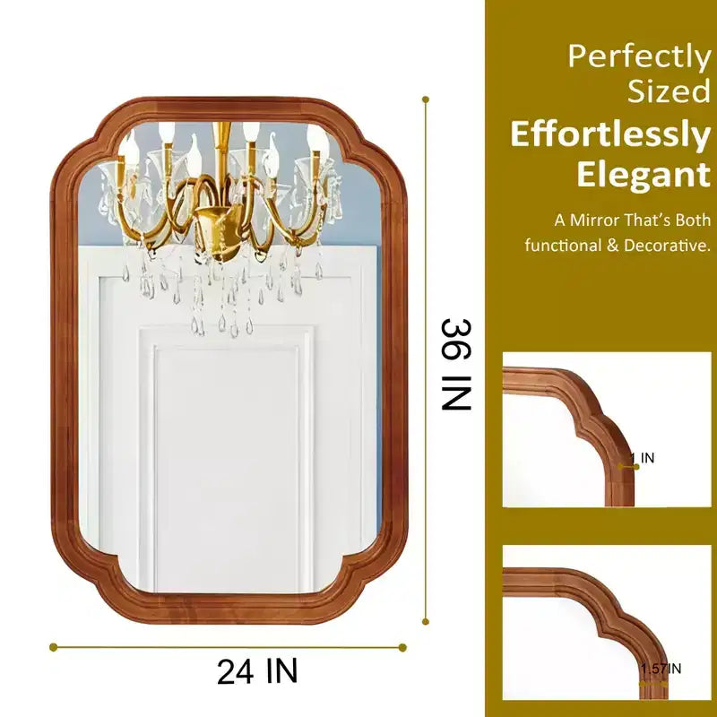 Miroir décoratif 24 x 36 en bois massif avec coins arrondis pour chambre à coucher, salle de bain, salon, marron jaunâtre