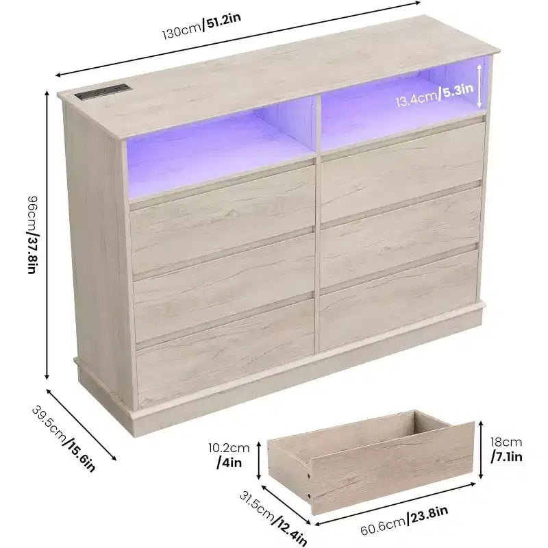 Commode à 6 tiroirs avec lumières LED et station de charge, grand meuble de rangement moderne pour chambre et salon