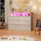 Commode à 6 tiroirs avec lumières LED et station de charge, grand meuble de rangement moderne pour chambre et salon