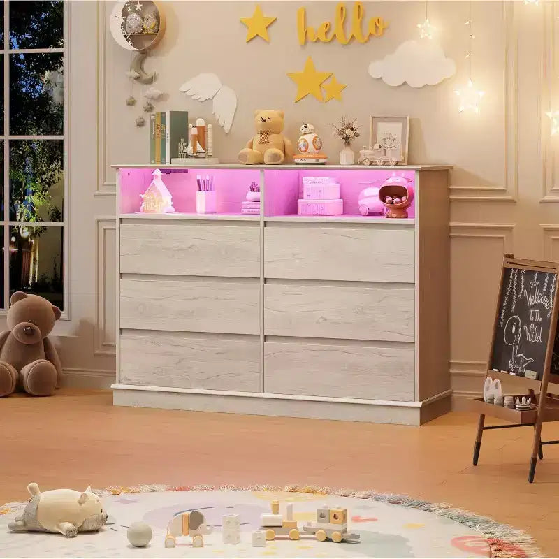 Commode à 6 tiroirs avec lumières LED et station de charge, grand meuble de rangement moderne pour chambre et salon