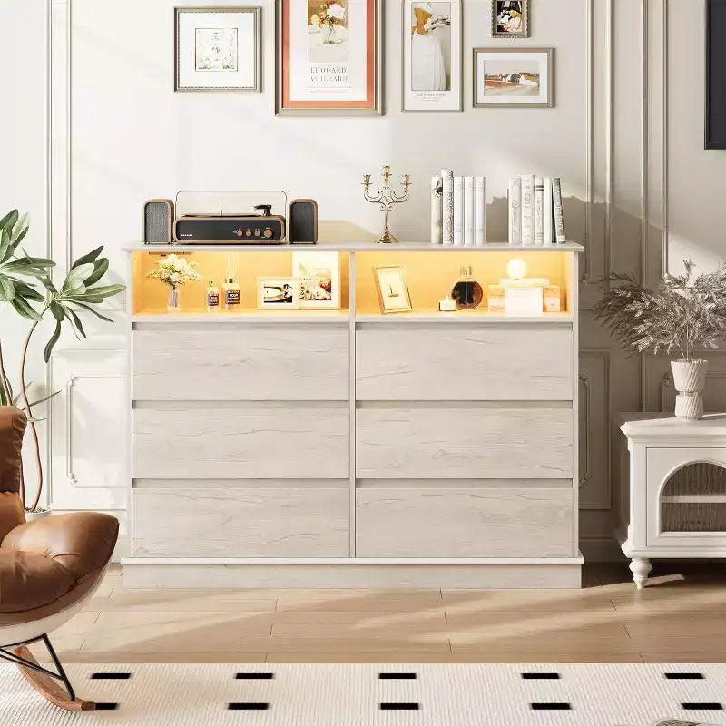 Commode à 6 tiroirs avec lumières LED et station de charge, grand meuble de rangement moderne pour chambre et salon