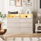 Commode à 6 tiroirs avec lumières LED et station de charge, grand meuble de rangement moderne pour chambre et salon