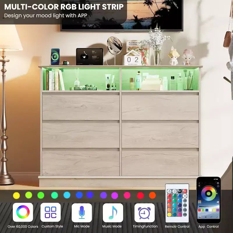 Commode à 6 tiroirs avec lumières LED et station de charge, grand meuble de rangement moderne pour chambre et salon