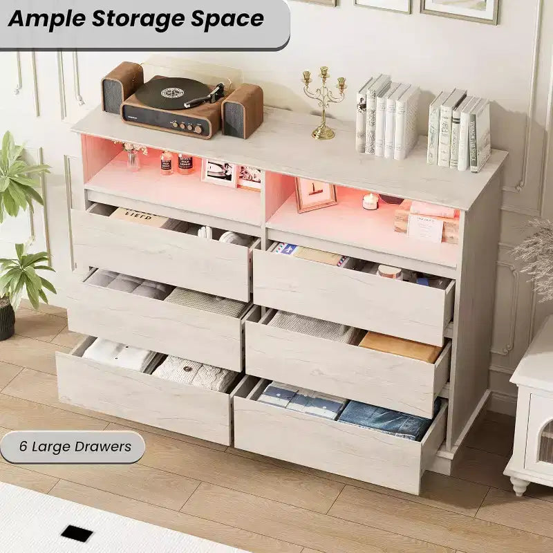 Commode à 6 tiroirs avec lumières LED et station de charge, grand meuble de rangement moderne pour chambre et salon
