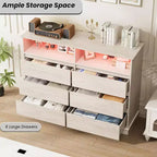 Commode à 6 tiroirs avec lumières LED et station de charge, grand meuble de rangement moderne pour chambre et salon