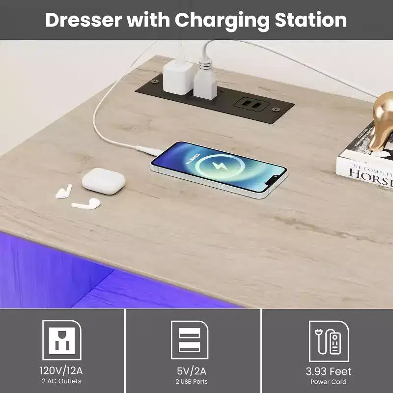 Commode à 6 tiroirs avec lumières LED et station de charge, grand meuble de rangement moderne pour chambre et salon