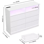 Commode à 6 tiroirs avec lumières LED et station de charge, grand meuble de rangement moderne pour chambre et salon