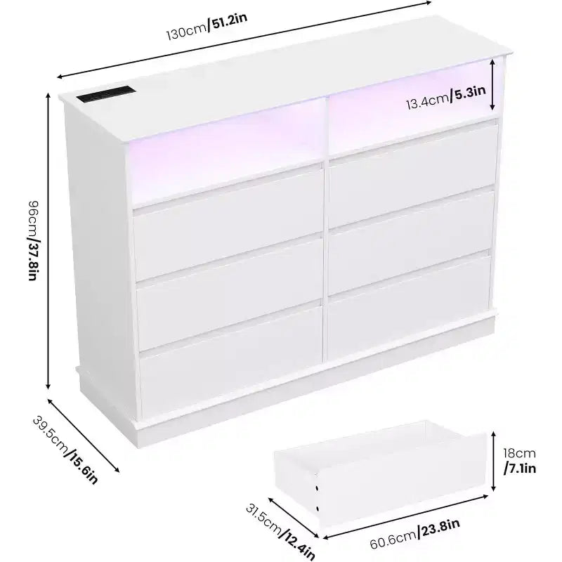 Commode à 6 tiroirs avec lumières LED et station de charge, grand meuble de rangement moderne pour chambre et salon