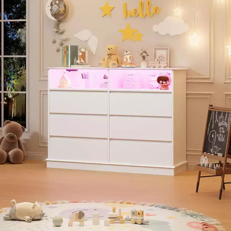Commode à 6 tiroirs avec lumières LED et station de charge, grand meuble de rangement moderne pour chambre et salon