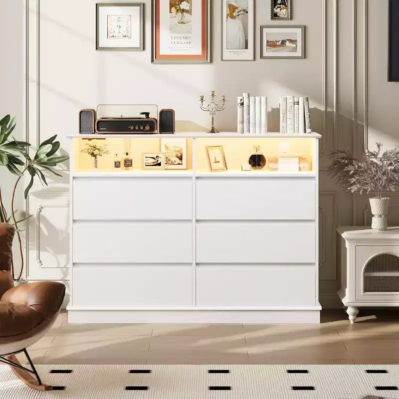 Commode à 6 tiroirs avec lumières LED et station de charge, grand meuble de rangement moderne pour chambre et salon