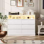 Commode à 6 tiroirs avec lumières LED et station de charge, grand meuble de rangement moderne pour chambre et salon