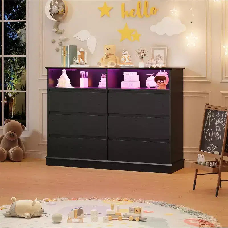Commode à 6 tiroirs avec lumières LED et station de charge, grand meuble de rangement moderne pour chambre et salon
