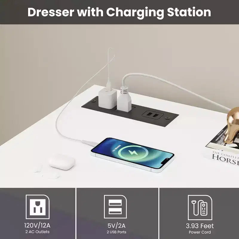 Commode à 6 tiroirs avec lumières LED et station de charge, grand meuble de rangement moderne pour chambre et salon