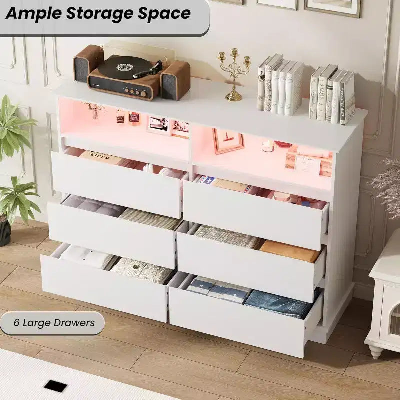 Commode à 6 tiroirs avec lumières LED et station de charge, grand meuble de rangement moderne pour chambre et salon