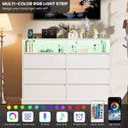 Commode à 6 tiroirs avec lumières LED et station de charge, grand meuble de rangement moderne pour chambre et salon